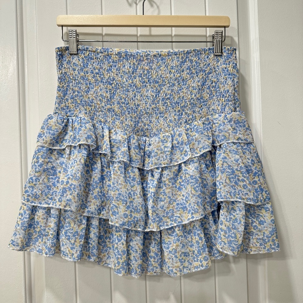 Pink Lily Smocked Tiered Mini Skirt in Blue Mini Floral